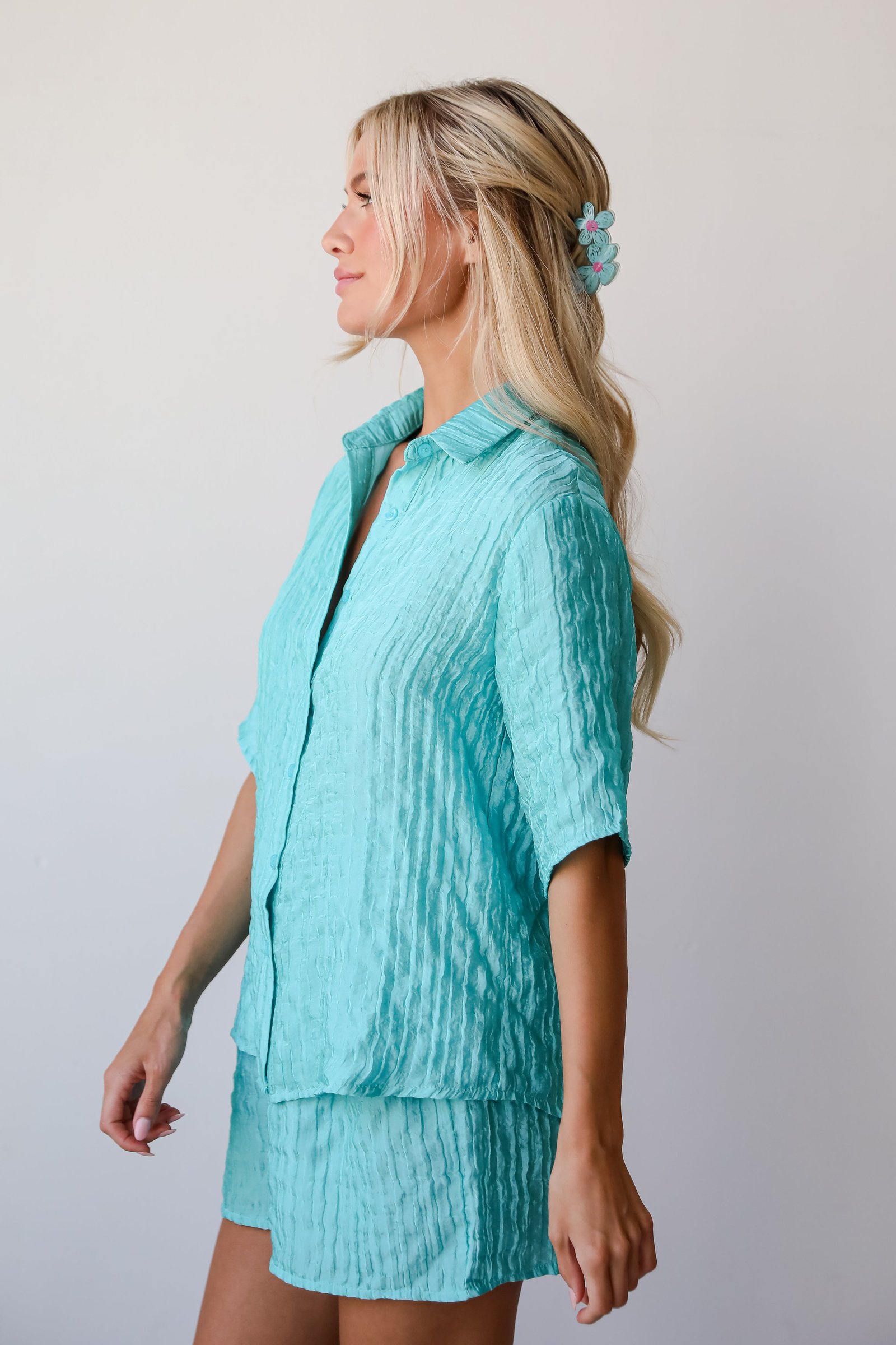 Sweetly Effortless Mint Satin Textured Blouse