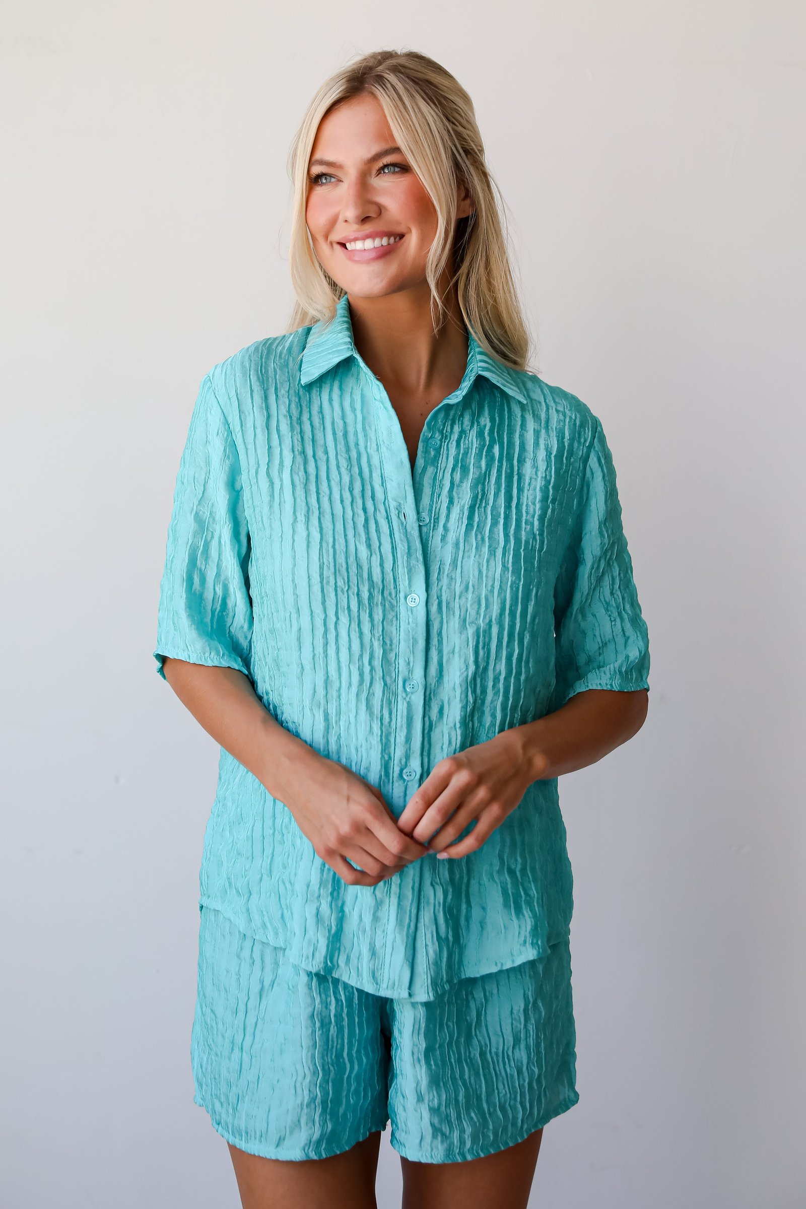 Sweetly Effortless Mint Satin Textured Blouse