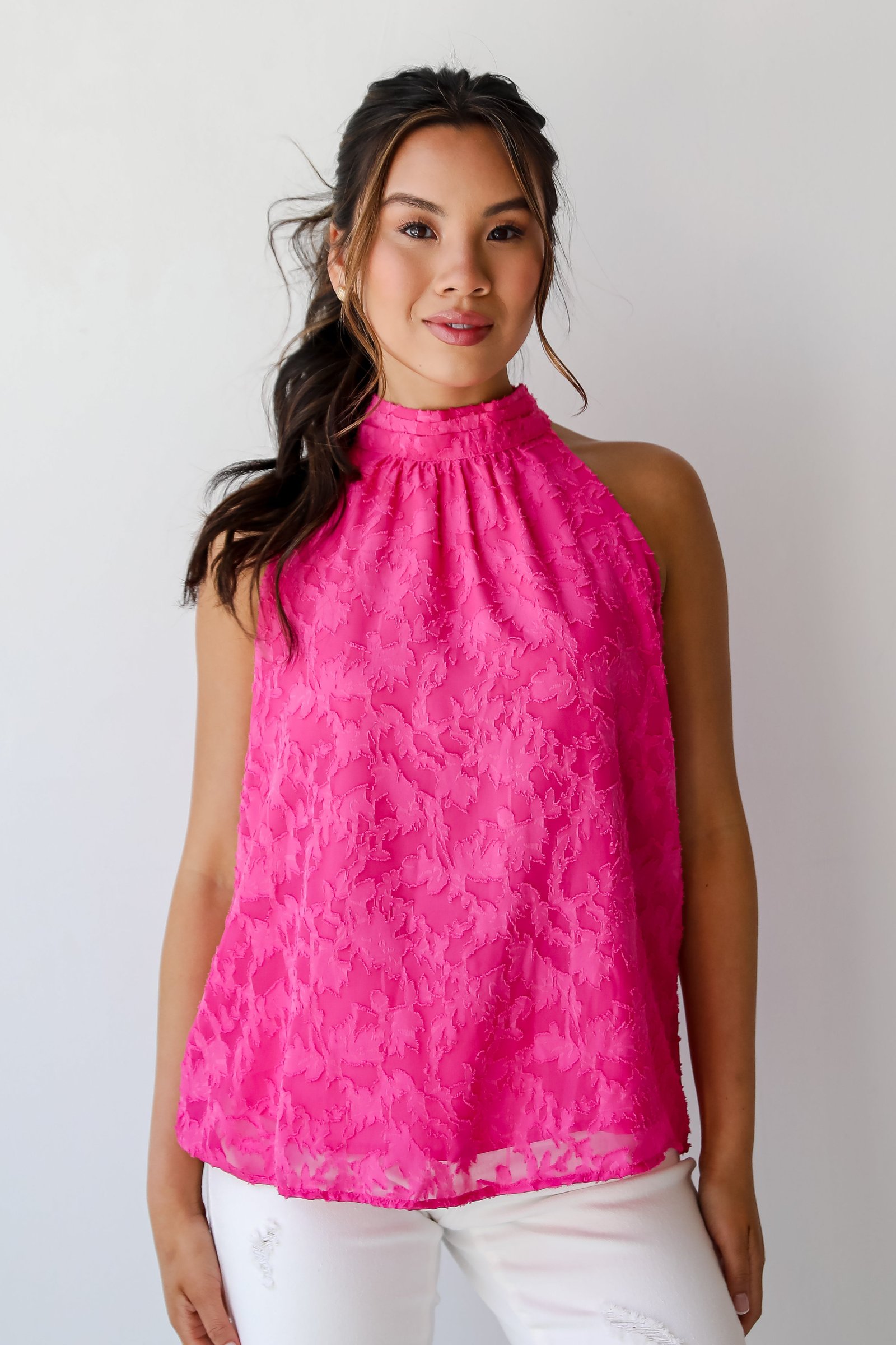 Love Story Hot Pink Textured Floral Sleeveless Blouse