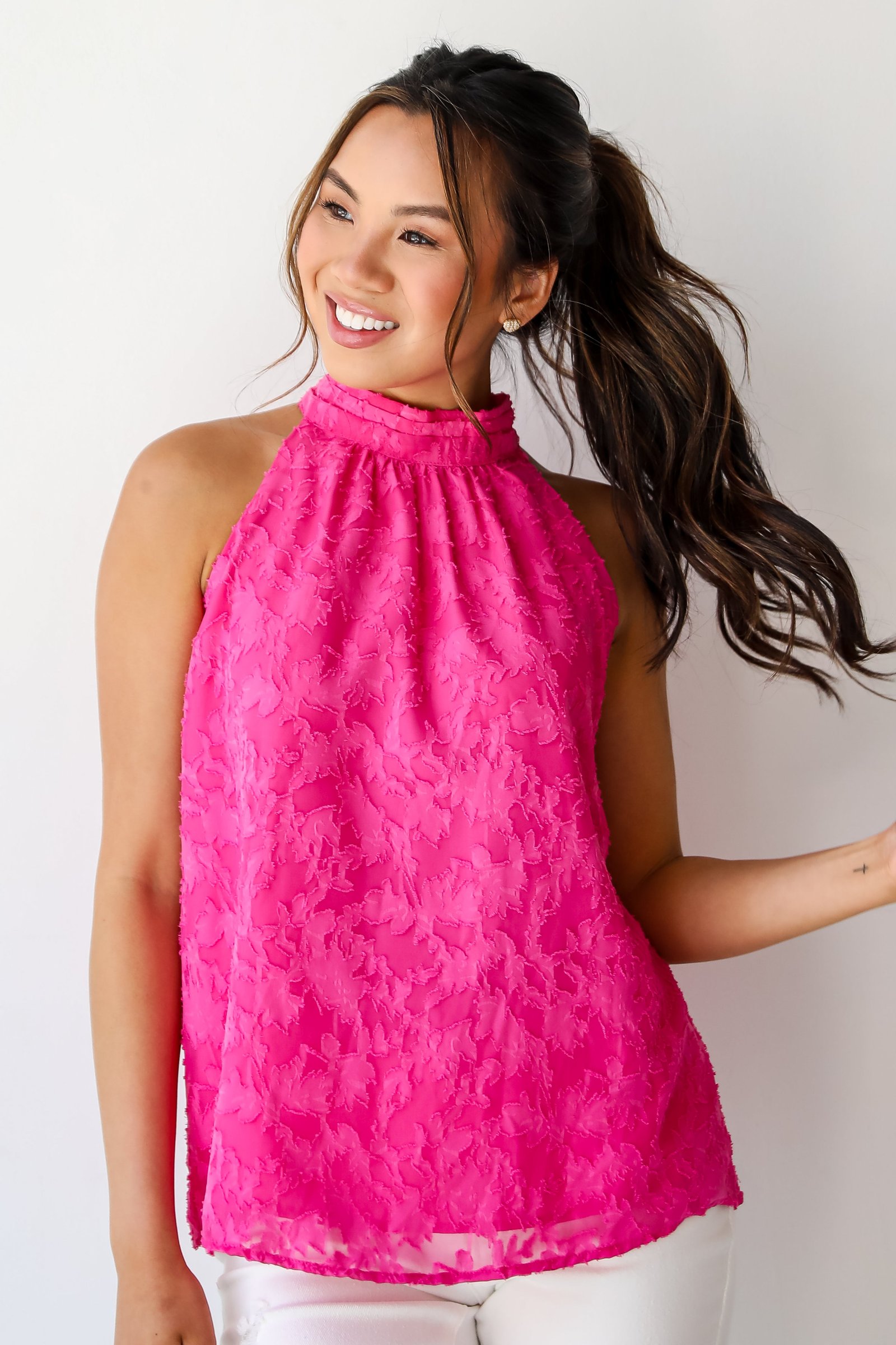 Love Story Hot Pink Textured Floral Sleeveless Blouse