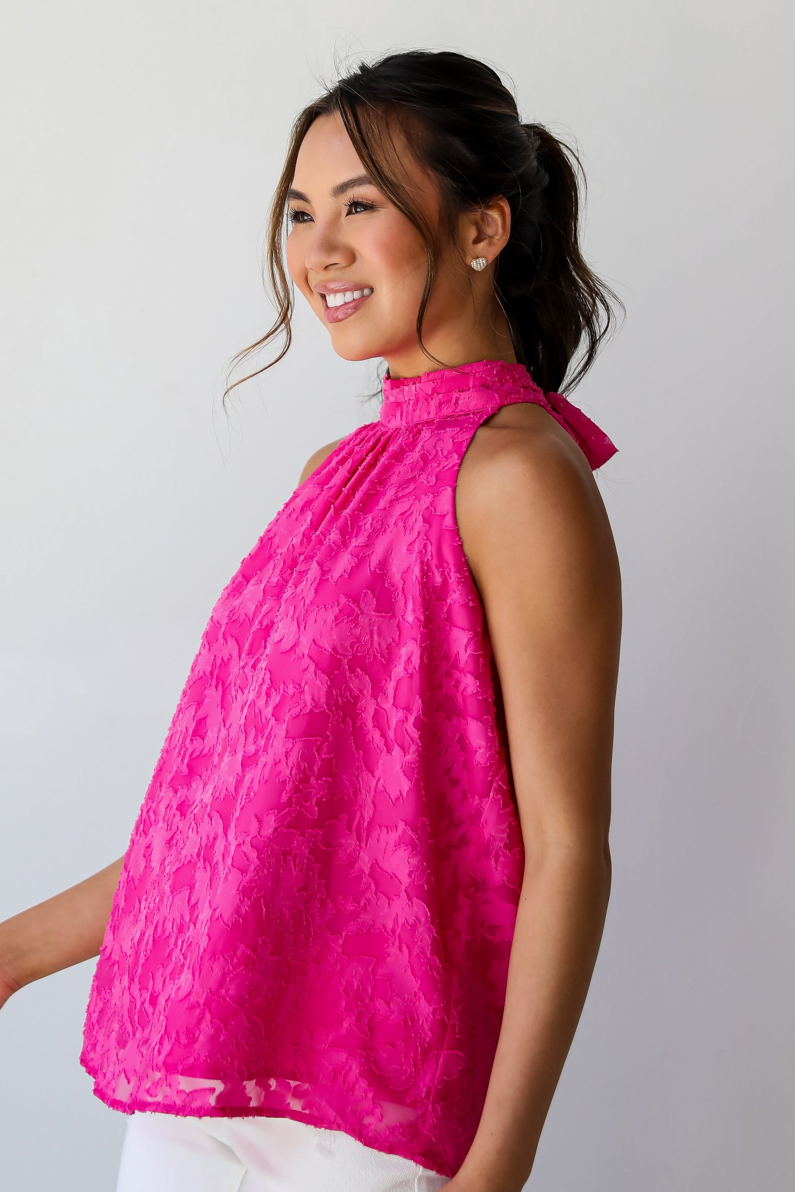 Love Story Hot Pink Textured Floral Sleeveless Blouse