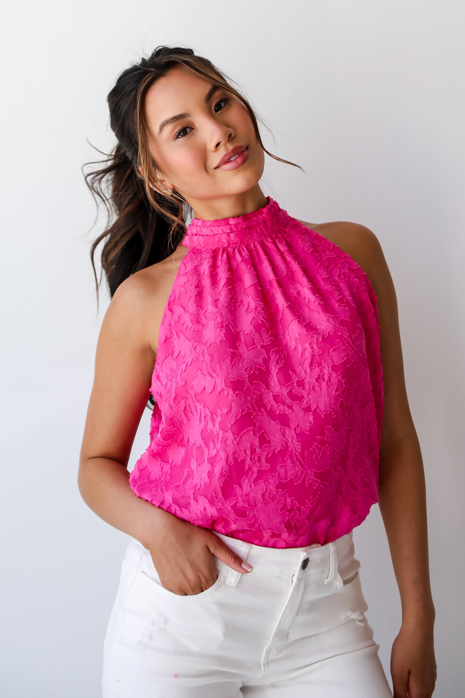 Love Story Hot Pink Textured Floral Sleeveless Blouse