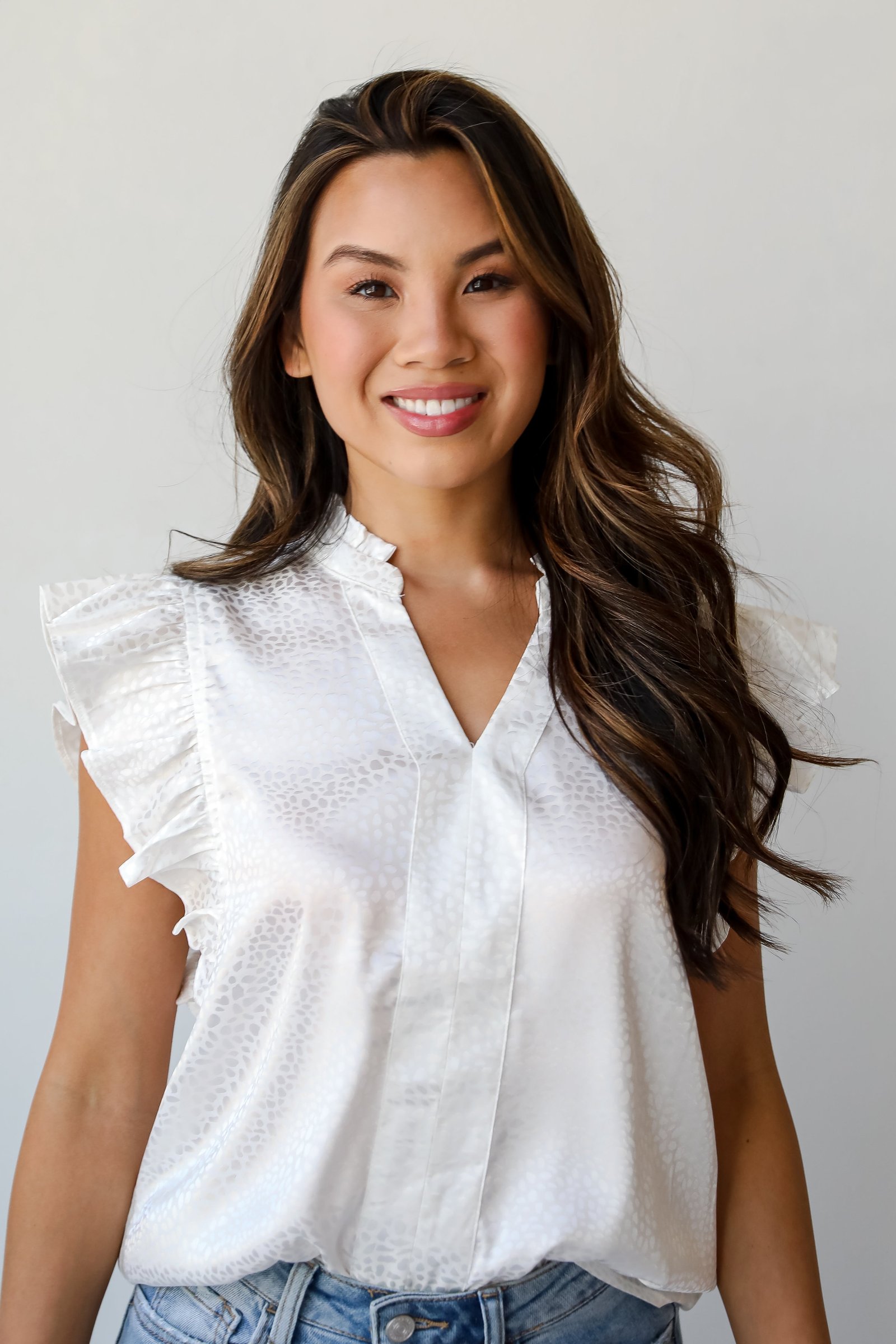 Summery Aura Ivory Satin Ruffle Blouse