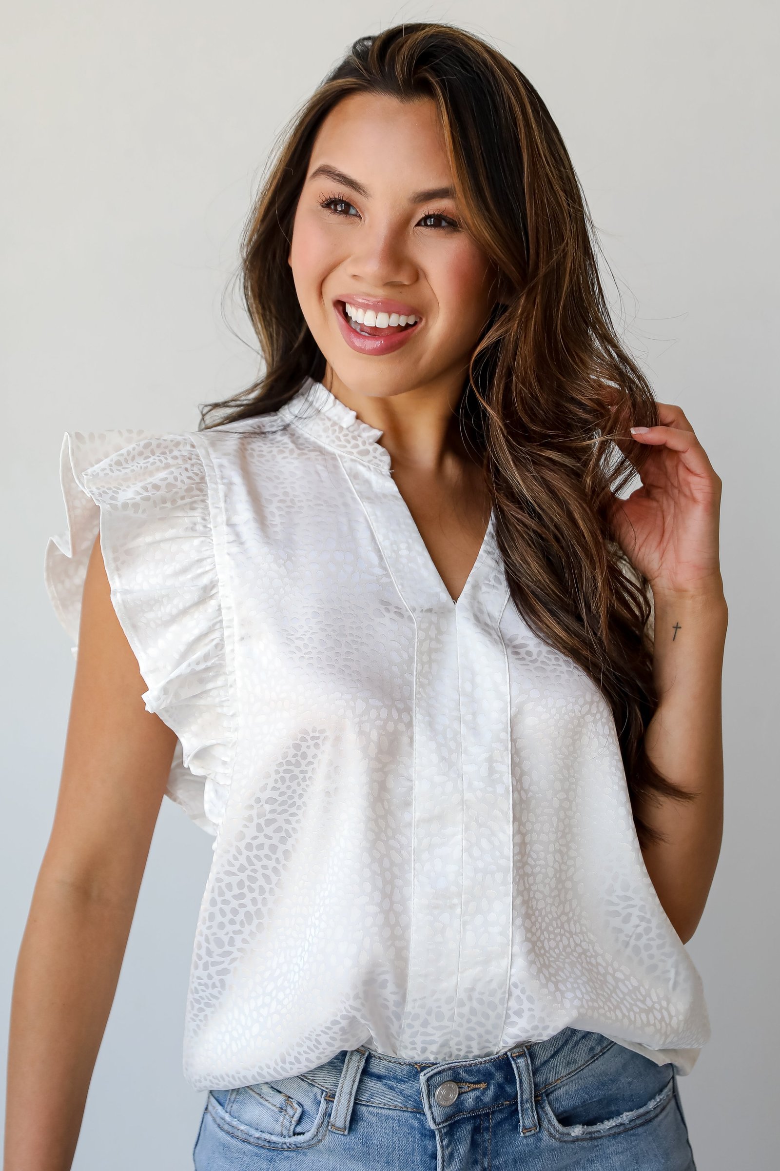 Summery Aura Ivory Satin Ruffle Blouse