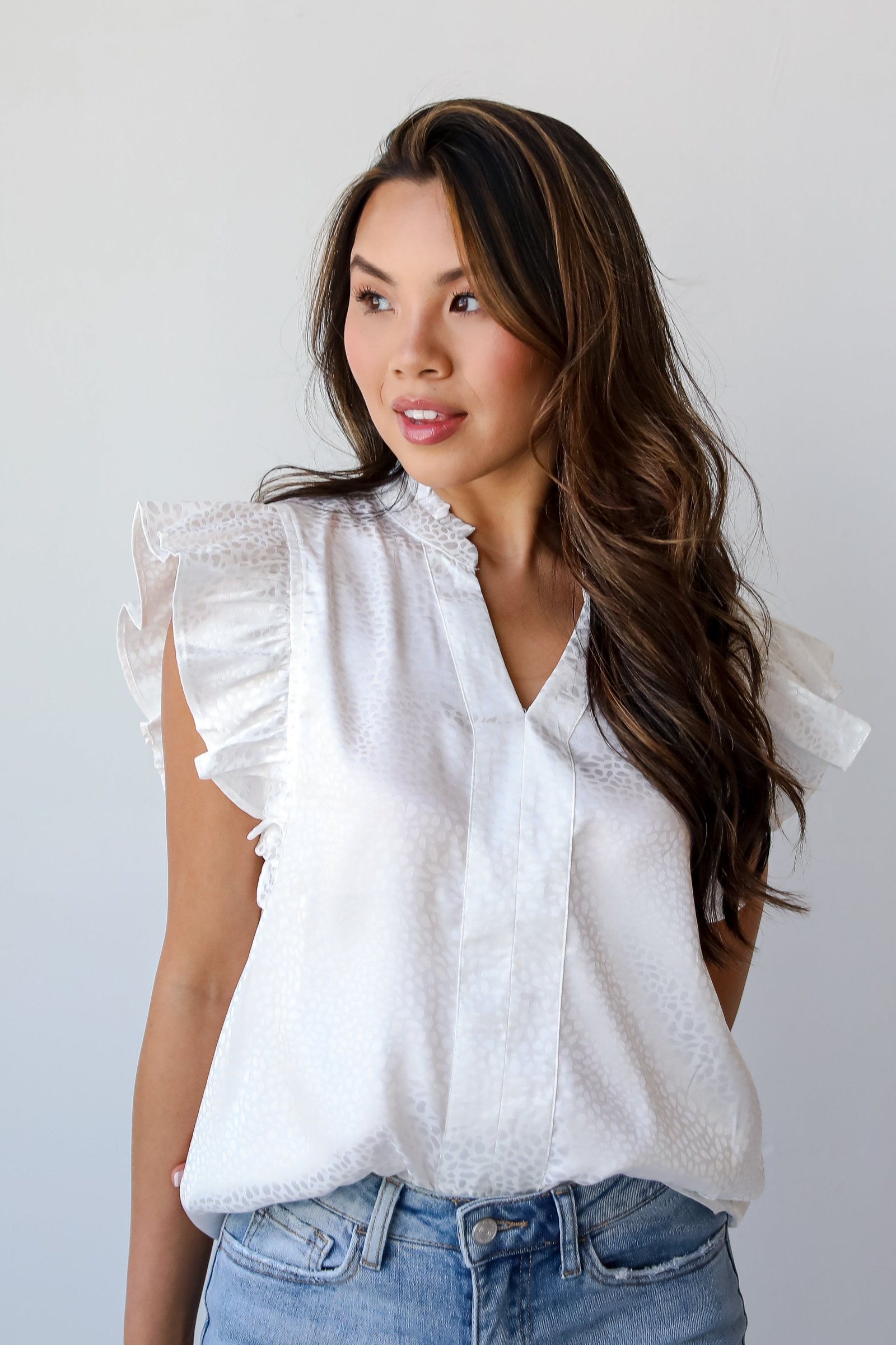 Summery Aura Ivory Satin Ruffle Blouse