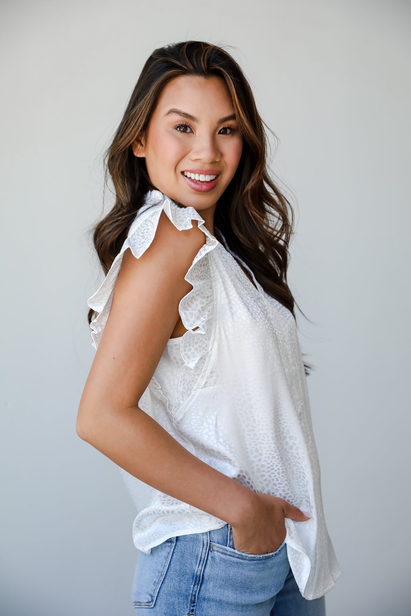 Summery Aura Ivory Satin Ruffle Blouse